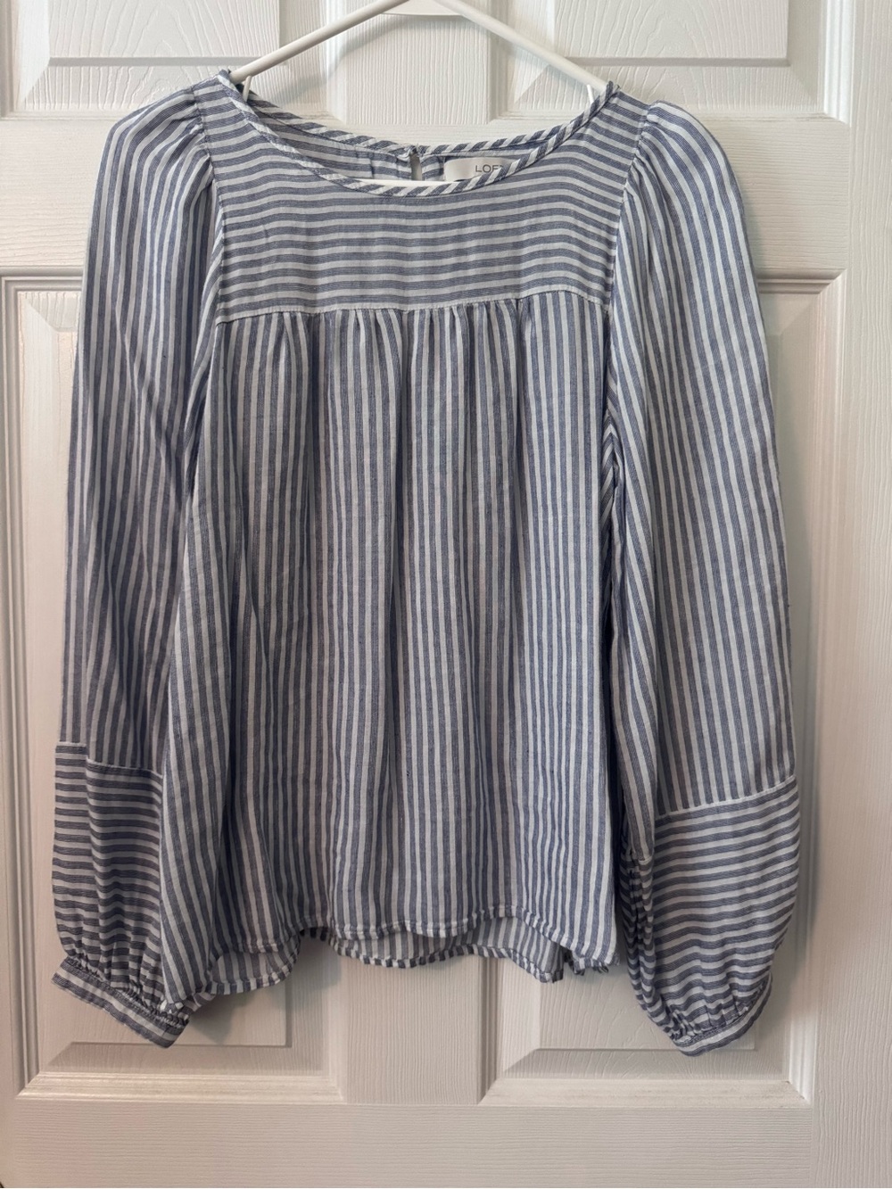 LOFT Blue & White Vertical-Stripe Balloon-Sleeve Blouse-Size Small